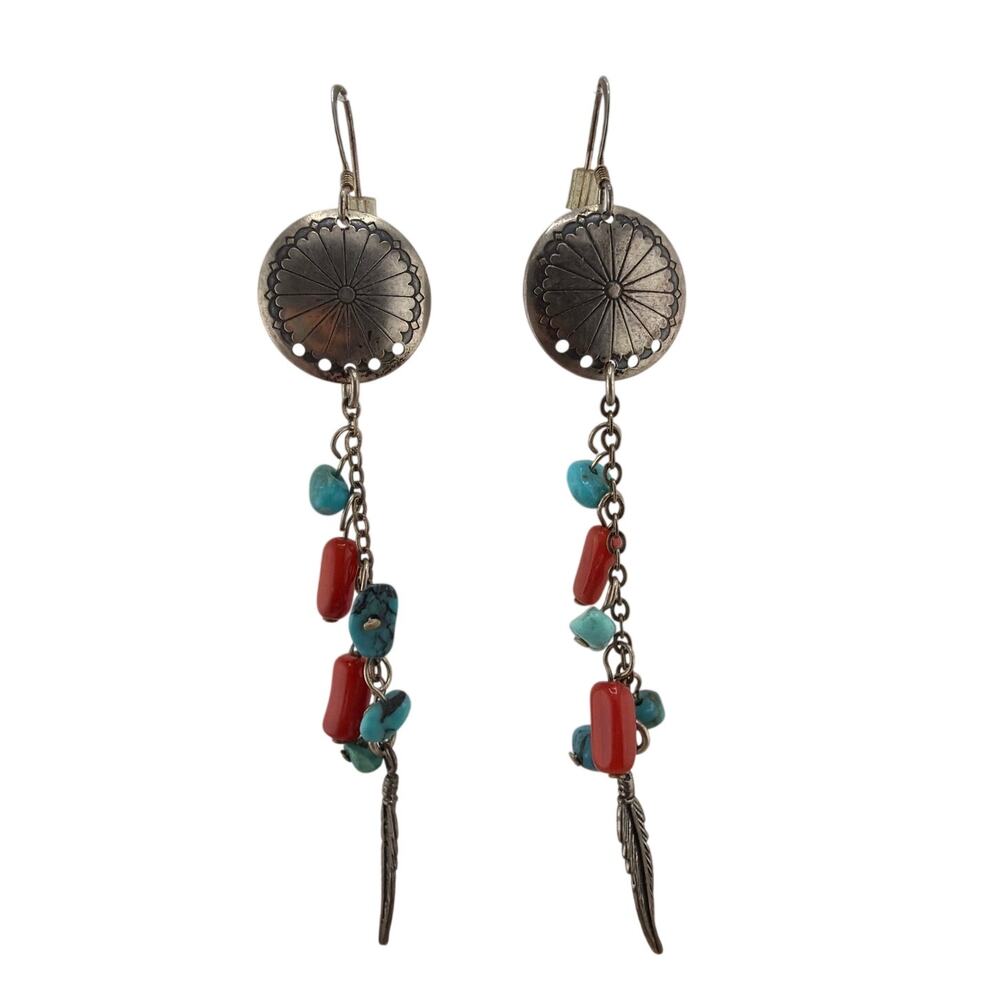 Vintage Santa Fe-Style Beaded Sterling Silver and Turquoise Drop Earrings